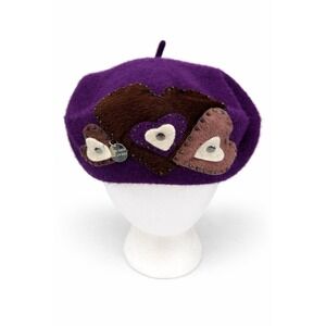 Angela & William Womens French Style Beret Hat One Size Purple Hearts 100% Wool
